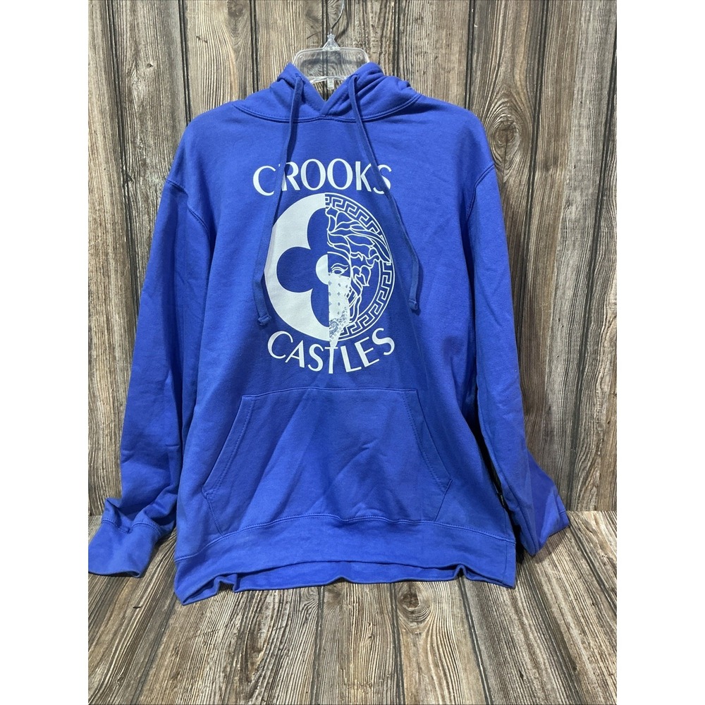 Mens Crooks & Castles Greco Blue White Logo Hoodie Sweatshirt Cotton Size L